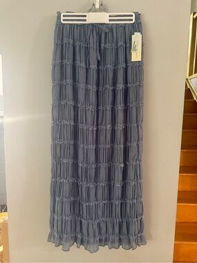 THIRTY THIRTY Blue Crinkle Ruffle Tiered Boho Gypsy Maxi Skirt Sz M